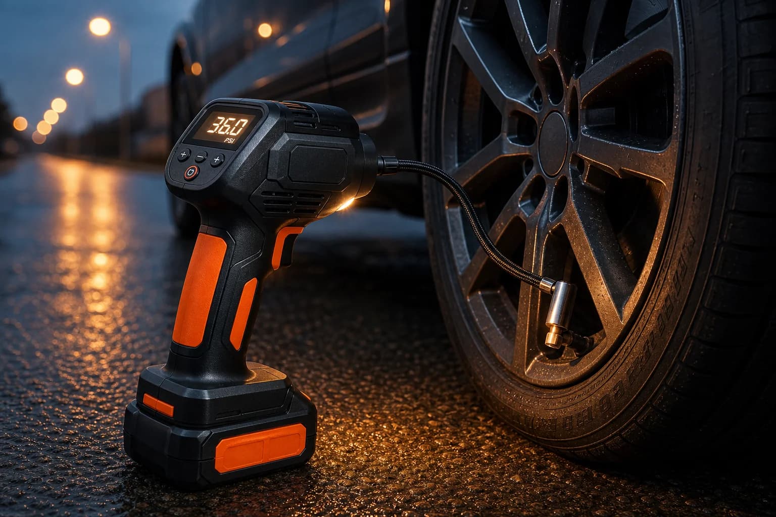 Cordless inflator topping up a car tyre at dusk